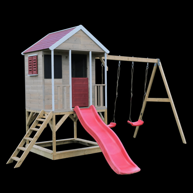 Casuta de gradina Summer Adventure House cu platforma cu loc pentru nisip, tobogan si leagan dublu (M29R), Wendi Toys